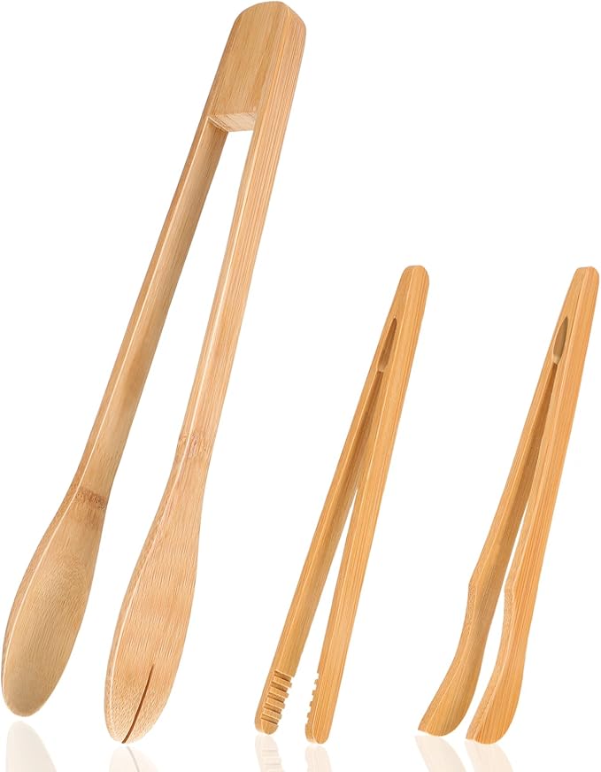 Zopeal 3 Pcs Christmas Kitchen Gift Set Bamboo Utensils for Cooking Wooden Toaster Tongs Long Cooking Salad Tongs for Picking up Cheese Bacon Toast Cake Fruits Bread Spaghetti for Kitchen Women Men
