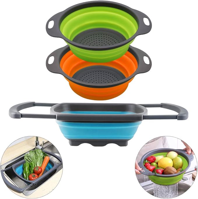 QiMH Collapsible Colander Set of 3-2 PC 4 Quart and 1 PC 6 Quart Over the Sink Colander - Food-Grade Sturdy Plastic Base - Round Space-save Silicone Kitchen Foldable Food Strainer