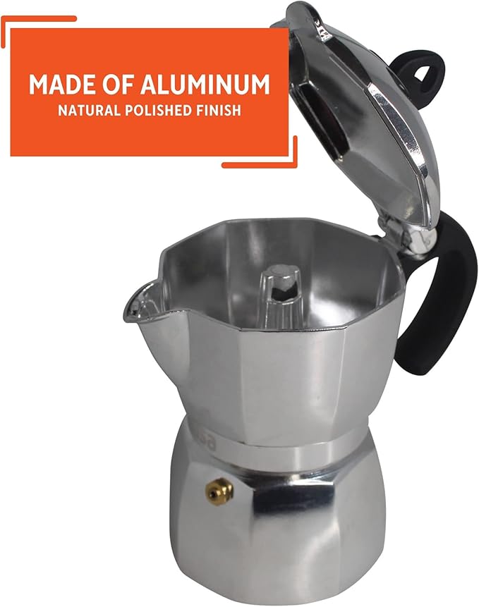Imusa 6 Cup Stovetop Espresso Maker with Heart Shaped Knob, Silver