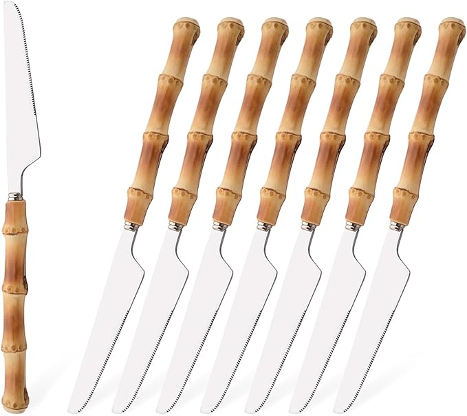 Dinner Knife Set with Bamboo Handle, 8-Piece Stainless Steel Shiny Silver Dinner Knives, Creative Design Table Knives for Home Restaurant, 8.74 inch, Handcrafted