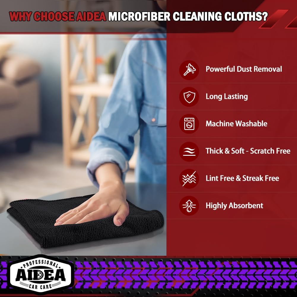 AIDEA Microfiber Cleaning Cloth Black 50PK, Microfiber Towels for Cars, Premium Car Cloths, Dusting Cloth Lint Free Cleaning Rags for SUVs, House, Kitchen, Window, Workshops,12×12"