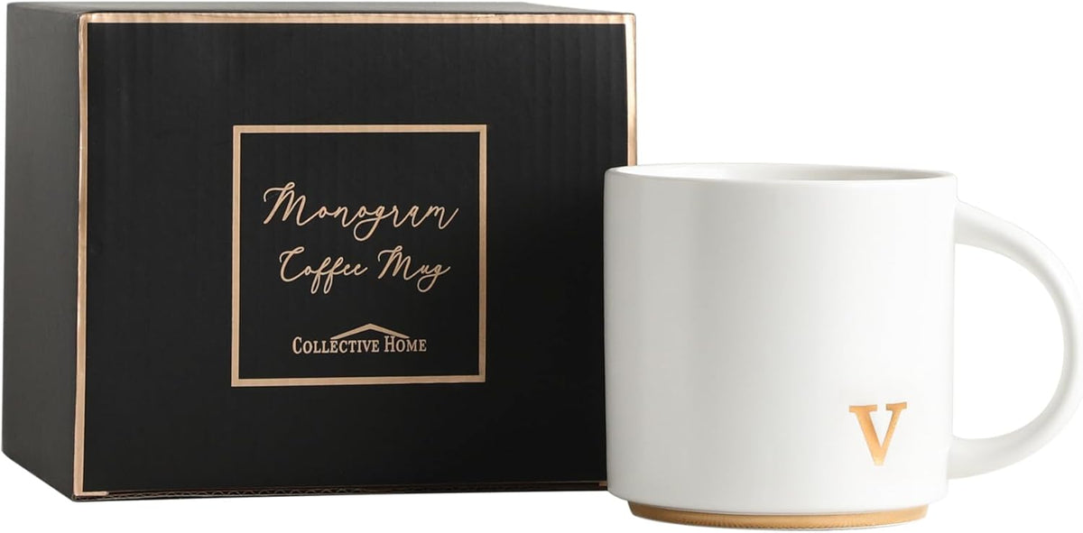 COLLECTIVE HOME - Monogram Ceramic Mugs, 15 oz Golden Initial Coffee Cups, Elegant Alphabet Tea Mugs, Elegant Personalized Mug with Gift Box, Luxurious Cups for Office and Home (v)