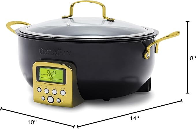 GreenPan Elite Essential Smart Electric 6QT Skillet Pot, Presets to Sear Saute Stir-Fry and Cook Rice, Healthy Ceramic Nonstick and Dishwasher Safe Parts, Easy-to-use LED Display, Gold