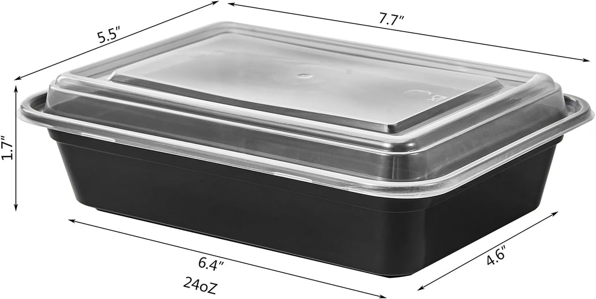 FULIGN 24 oz Meal Prep Containers With Lids Reusable 150 Pack Extra-thick Plastic Food Storage Black Disposable To Go Lunch Box BPA Free Stackable Microwave Dishwasher Freezer Safe