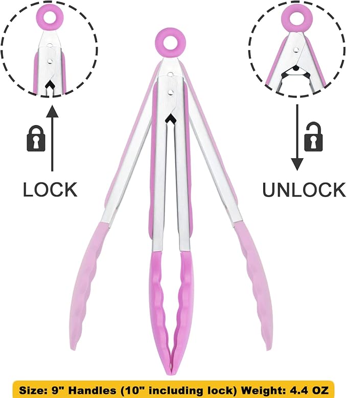Serving Tongs with Silicone Tips 9 Inches Stainless Steel Food Tongs, Set of 3 (Pink)
