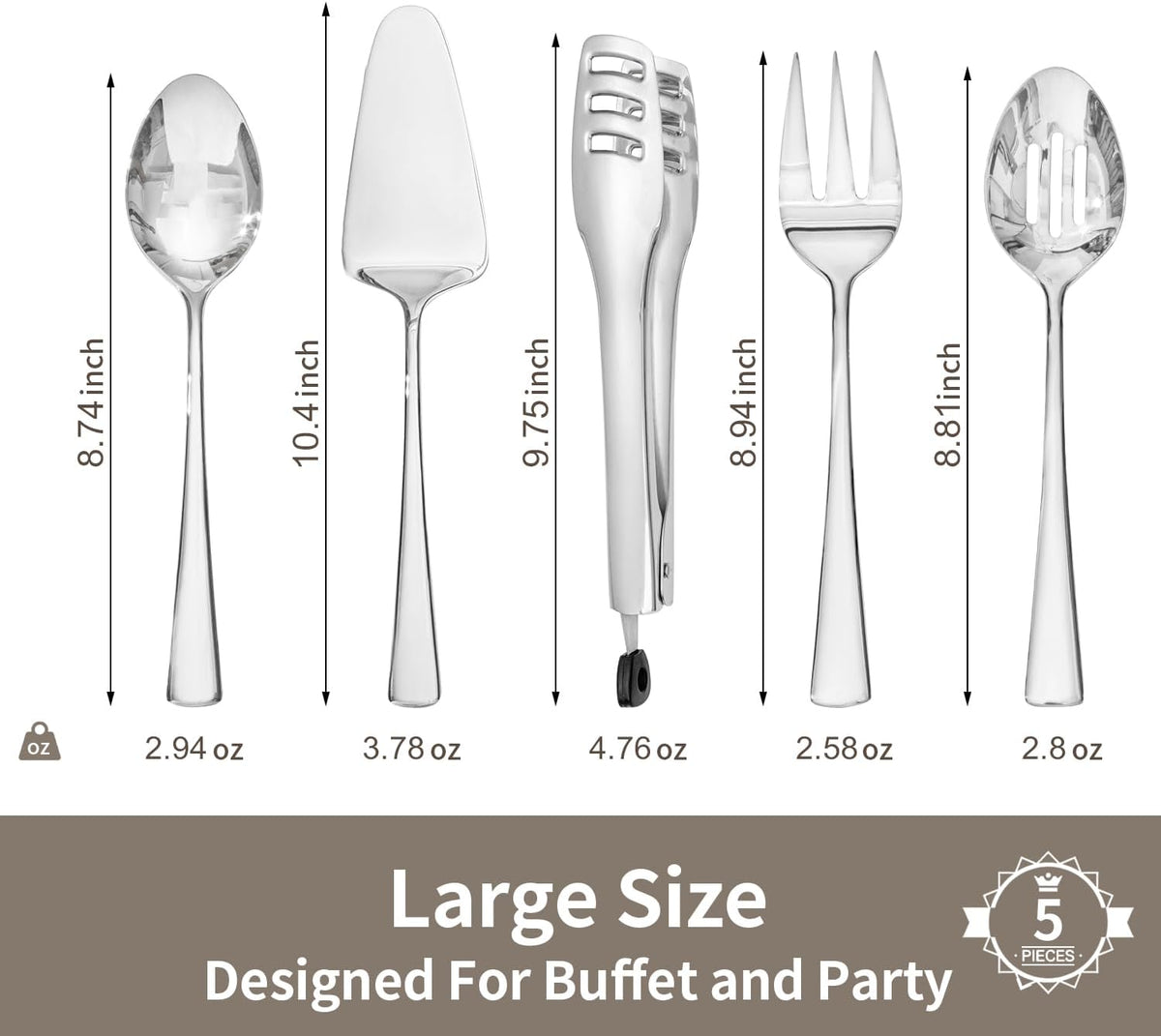 KINGSTONE 5 Piece Serving Utensils Set, 18/10 Stainless Steel Serving Utensils Large, Serving Spoon, Slotted Spoon, Fork, Tong, Cake Server for Buffet, Parties, Kitchen,Entertaining, Wedding