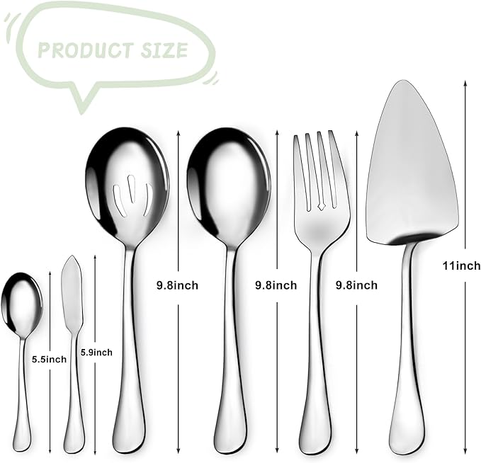 Serving Utensil Set,6piece Serving Utensil Setwith Serving Spoons，Serving Forks，Serving Tongs Soup Ladle and Pie Server Buffet Catering Serving Utensils,Dishwasher Safe (5.5-11Inch-Serving Set-6pcs)