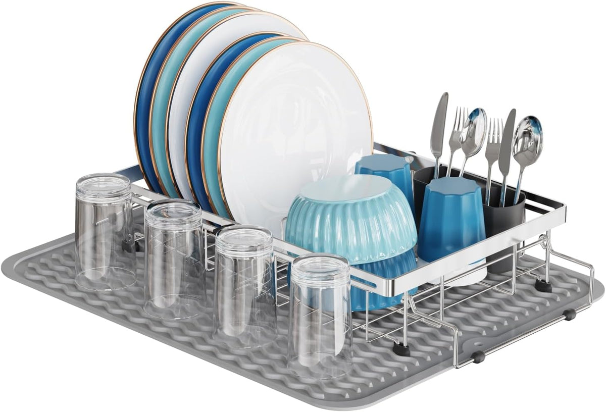 GSlife Stainless Steel Dish Drying Rack - Capacity Expandable in Sink Dish Drainer with Silicone Mat, Over Sink Dish Rack with Utensil Holder for Kitchen Counter, 10.8"-17.9" L x 12.8" W, Silver