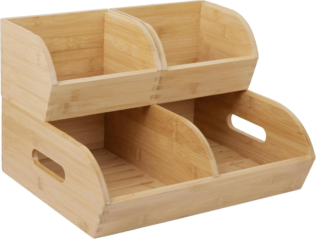 Potato and Onion Storage Bin for Pantry and Kitchen Counter - Ventilated Stackable Bamboo Organizer Baskets with Handles - Multipurpose Organization Containers for Fruit, Vegetable, Pantry - 3 Pack