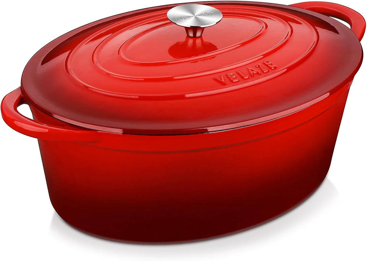 Velaze 7.5 QT Enameled Oval Dutch Oven Pot with Lid, Cast Iron Dutch Oven with Dual Handles for Bread Baking, Cooking, Frying, Non-stick Enamel Coated Cookware (RED)