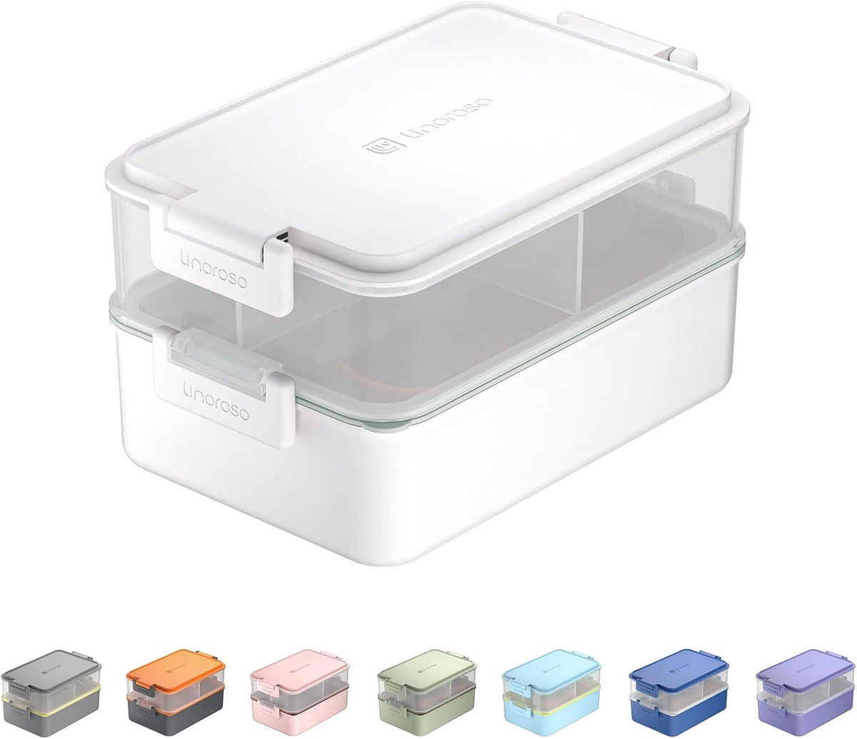 linoroso Stackable Bento Box Adult Lunch Box | Meet All You On-the-Go Needs for Food, Salad and Snack Box, Premium Bento Lunch Box for Adults Include Utensil Set, Dressing Containers - Chalk White