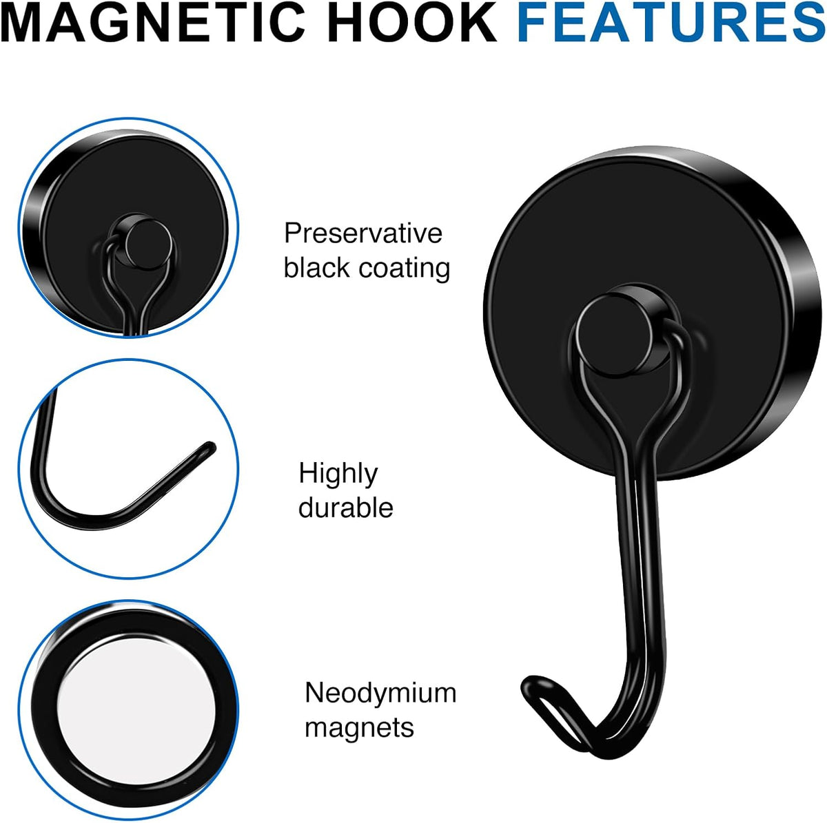 LOVIMAG Hooks, 110lbs+ Magnetic Magnet Hook 2025 Cruise Cabin Ship Essentials Heavy Duty Strong Refrigerator Fridge Hanging for Classroom Beach Vacation Kitchen Grills Home Mug Hanger (6 Pack), Black