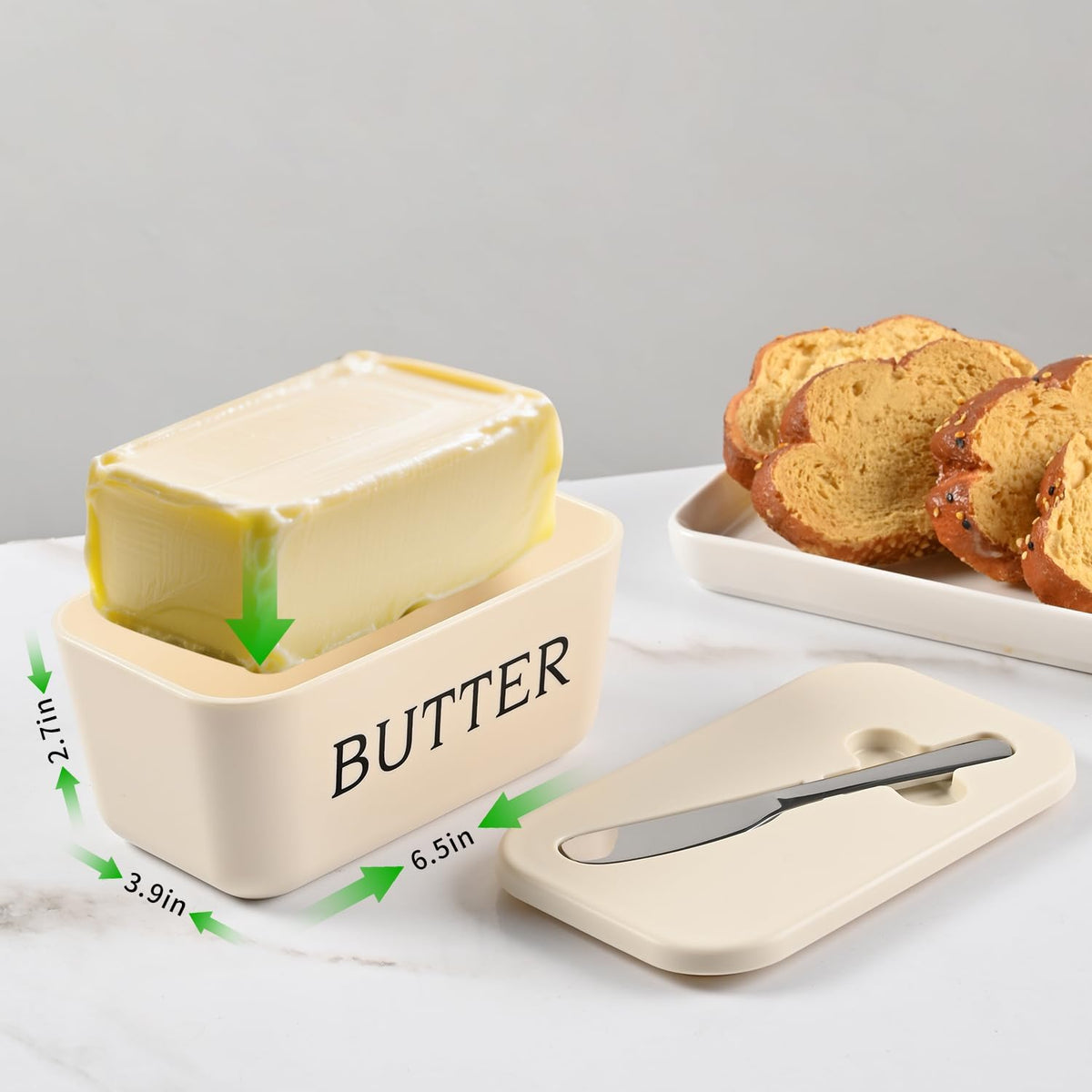 Butter Dish With Lid And Knife For Kitchen Coutertop,Food Grade PP Butter Holder With Cover And Stainless Steel Knife,Large White Butter Conainter