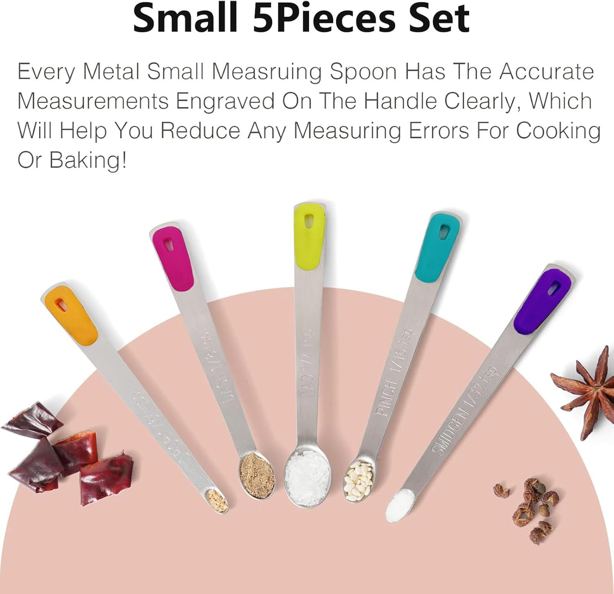 Stainless Steel Mini Measuring Spoons Set of 5 – Precise Teaspoon Measuring Tools 1/64, 1/32, 1/16, 1/8, 1/4 Tsp – Small Spice Measuring Spoons with Silicone Grip Handles & Storage Ring