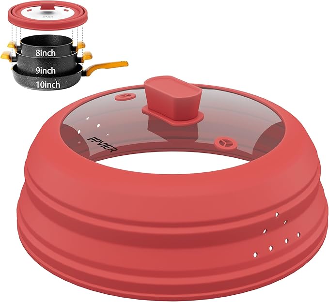 Microwave Splatter Cover, Vented Silicone and Glass Cover Splatter Guard Lid, Food Collapsible Plate Cover Lid with Easy Grip Handle. (Red, 10.8 inch)