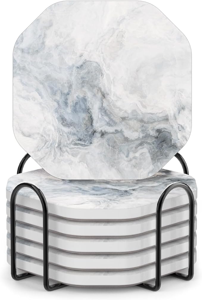 UMIRRO Ceramic Stone Coasters for Drinks Absorbent with Holder for Wooden Coffee Table, Stoneware Cup Coasters for Iced Cold or Hot Drinks, White Marble Style, Gold, 4" Set of 6