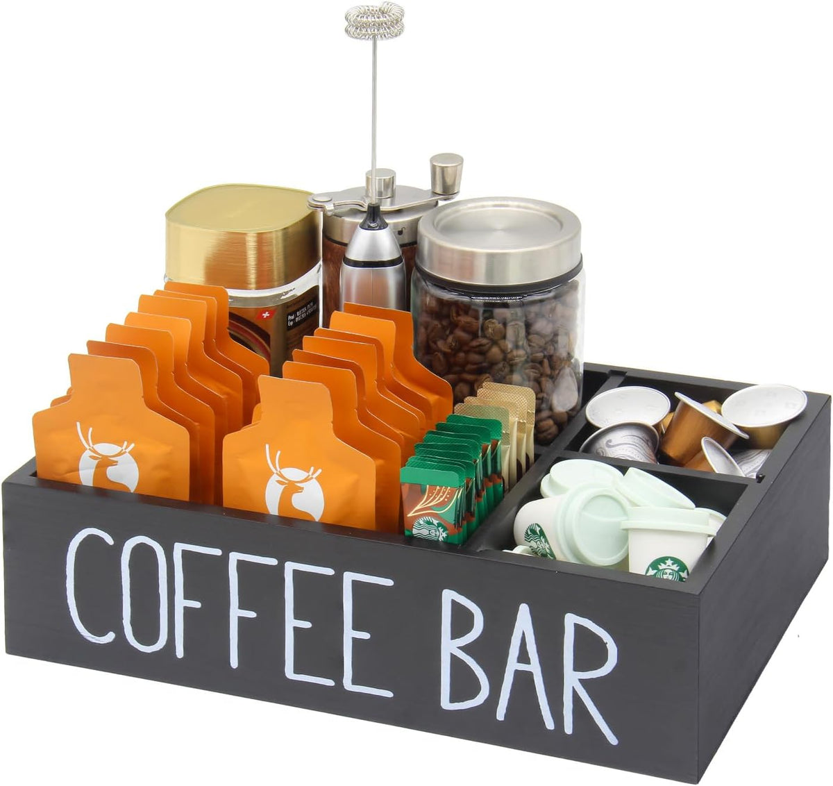 Coffee Station Organizer with Removable Dividers Disposable Cup Holder Wooden Countertop Organizer for Tea Condiment Accessories Storage Farmhouse Bar Decor Black (Black)