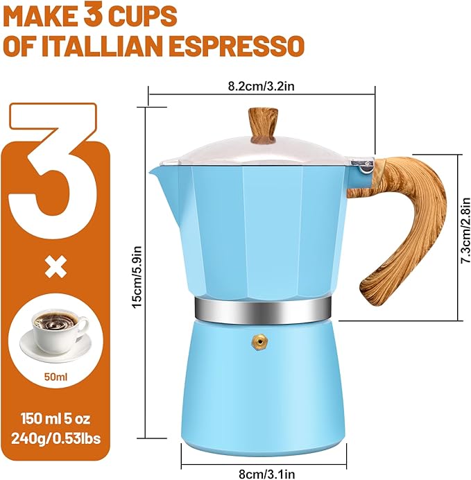 3 Cup Aluminum Espresso Stovetop Moka Pot Express Coffee Maker Percolator Italian Classic Mocha Coffee Machine for Italian and Cuban Cafe Brewing for Home & Camping 150ml 5oz