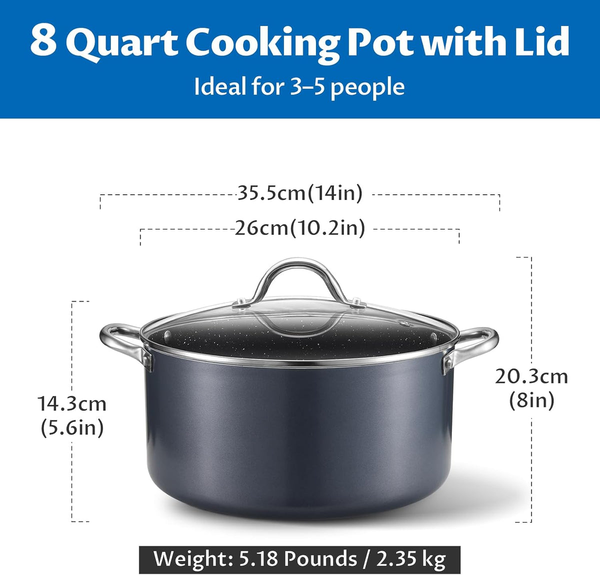 BEZIA 8 Quart Cooking Pot, Large Non Stick Induction Stock Pots with Lid, All Stove Compatible, 8 QT Aluminum Soup/Stew Pot For Families of 3–5, Grey