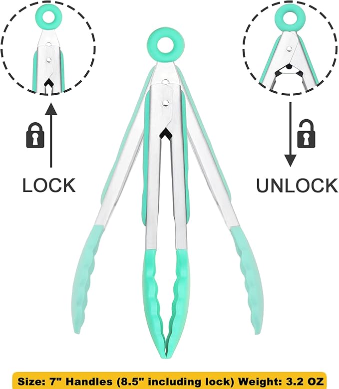 Mini Tongs with Silicone Tips 7 Inches Silicone Cooking Tongs, Set of 3 (Mint)
