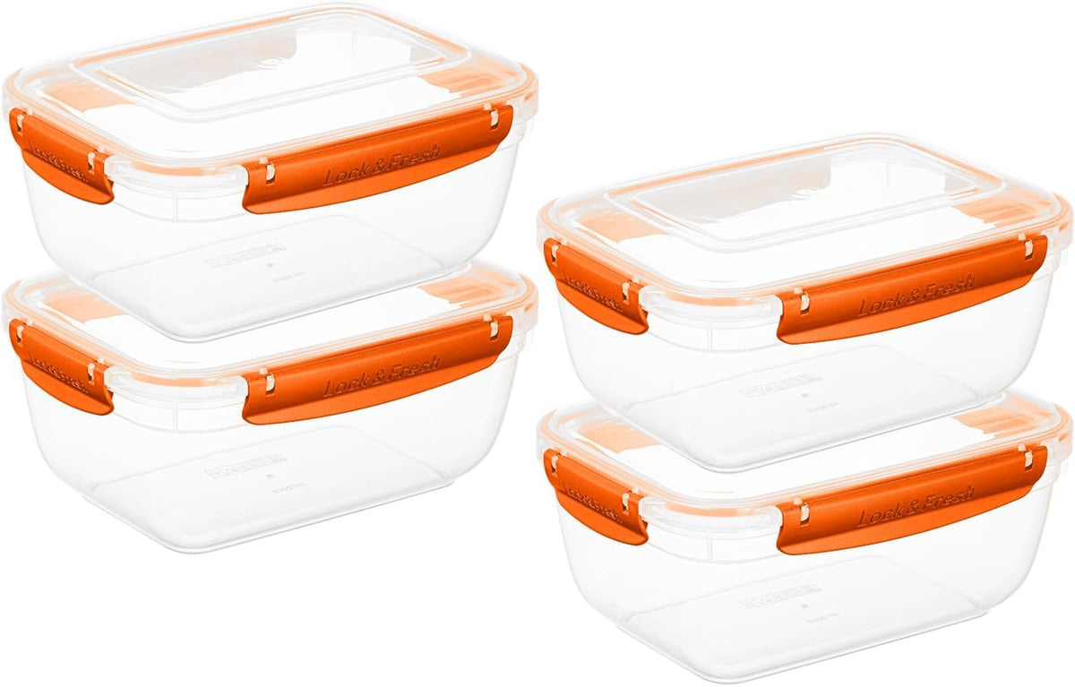 Superio Plastic Food Storage Containers with Airtight Lids, 4 Pack- 80 Oz, BPA Free, Leakproof, Stackable, Microwave, Dishwasher, Freezer Safe, Orange