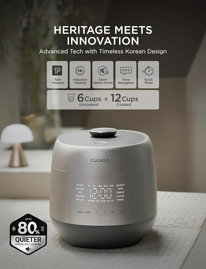 CUCKOO Twin Pressure Rice Cooker 6-Cup Uncooked / 12-Cup Cooked with Induction Heating Technology, Silent Pressure System, Open Cooking Mode, Dynamic Display, Eco Inner Pot, Gray (CRP-PHTR0609FS)