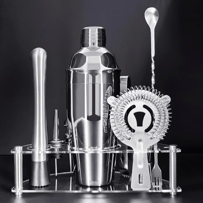 9Pcs/Set Cocktail Shaker Set with Stand, 750ml (25oz) Cocktail Shaker Bartender Kit: Bar Tool Set, Drink Mixing Includes Shakers Strainer Jigger Bar Mixer Spoon Muddler Pourer Bottle Stopper (Silver)