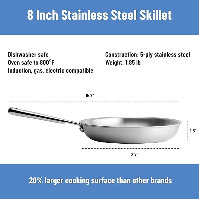 Misen 5-Ply Stainless Steel 8" Frying Pan - Professional Cookware for Induction, Gas and Electric - Dishwasher Safe, Oven Safe to 800°F - Durable, Versatile, Even Heating