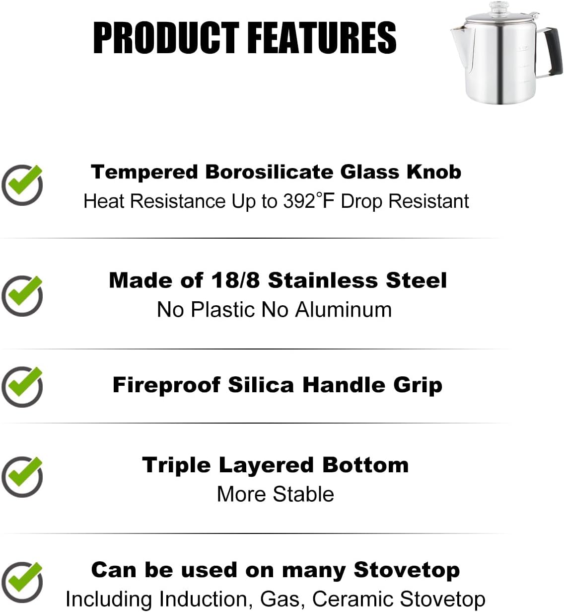 Multi Use 6 Cup Coffee Pot Bundle Coffee Percolator with 2 Mugs Stainless Steel Coffee Maker with Two Heat Resistant Tough Borosilicate Glass Knob Fireproof Silica Handle Using on any Stovetop