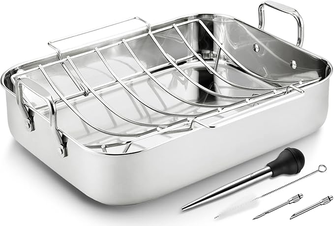 JY COOKMENT Roasting Pan with Baking Rack, 16.5 Inch Stainless Steel Turkey Roaster with Rack, Baster. Great for Turkey, Chicken, Ham, Vegetables