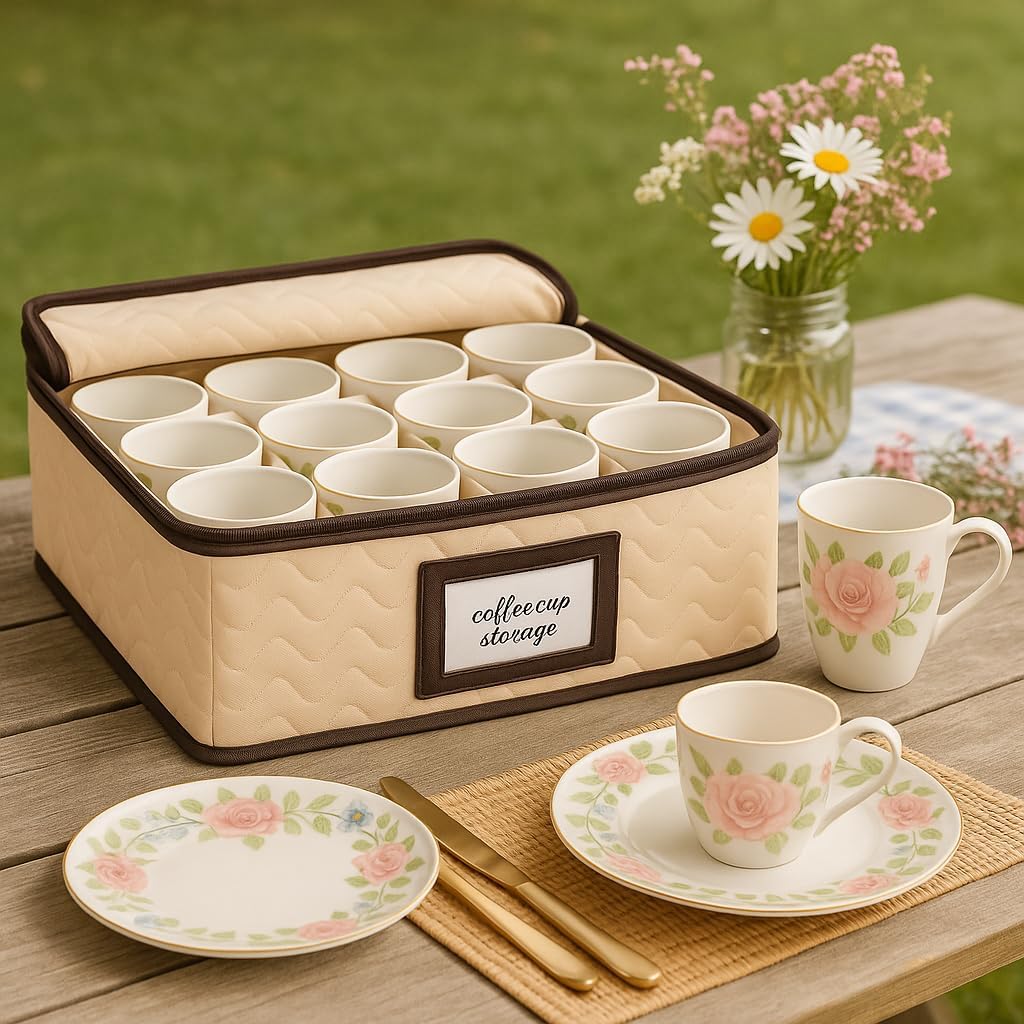 Mugs Storage Container - Quilted Microfiber China Organizer Box with Dividers , Protects & Organizes Up to 12 Mugs - Ideal for Seasonal Dishware Protection