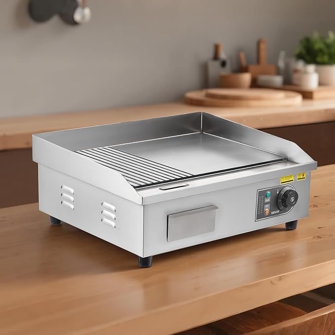 VEVOR Commercial Electric Griddle, 21.06 x 11.81 inch, 1750W, 122-570°F Adjustable Temp Control, Stainless Steel Body, Half Grooved Half Flat, with 2 Spatulas, 2 Brushes, and 4 Foot Pads, for Steak