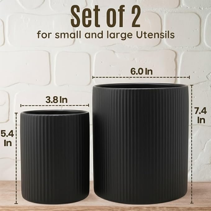 2 Pack Ceramic Utensil Holder, 7.3"+5.4" Large kitchen utensils holder for Countertop, 360° Rotating Cooking Utensil Crock for Kitchen Counter with Detachable Wooden Base, Kitchen Decor- Black