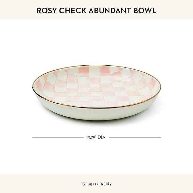 MACKENZIE-CHILDS Enamel Abundant Bowl, Decorative or Serving Bowl, 13-Cup Capacity, Pink-and-White Rosy Check