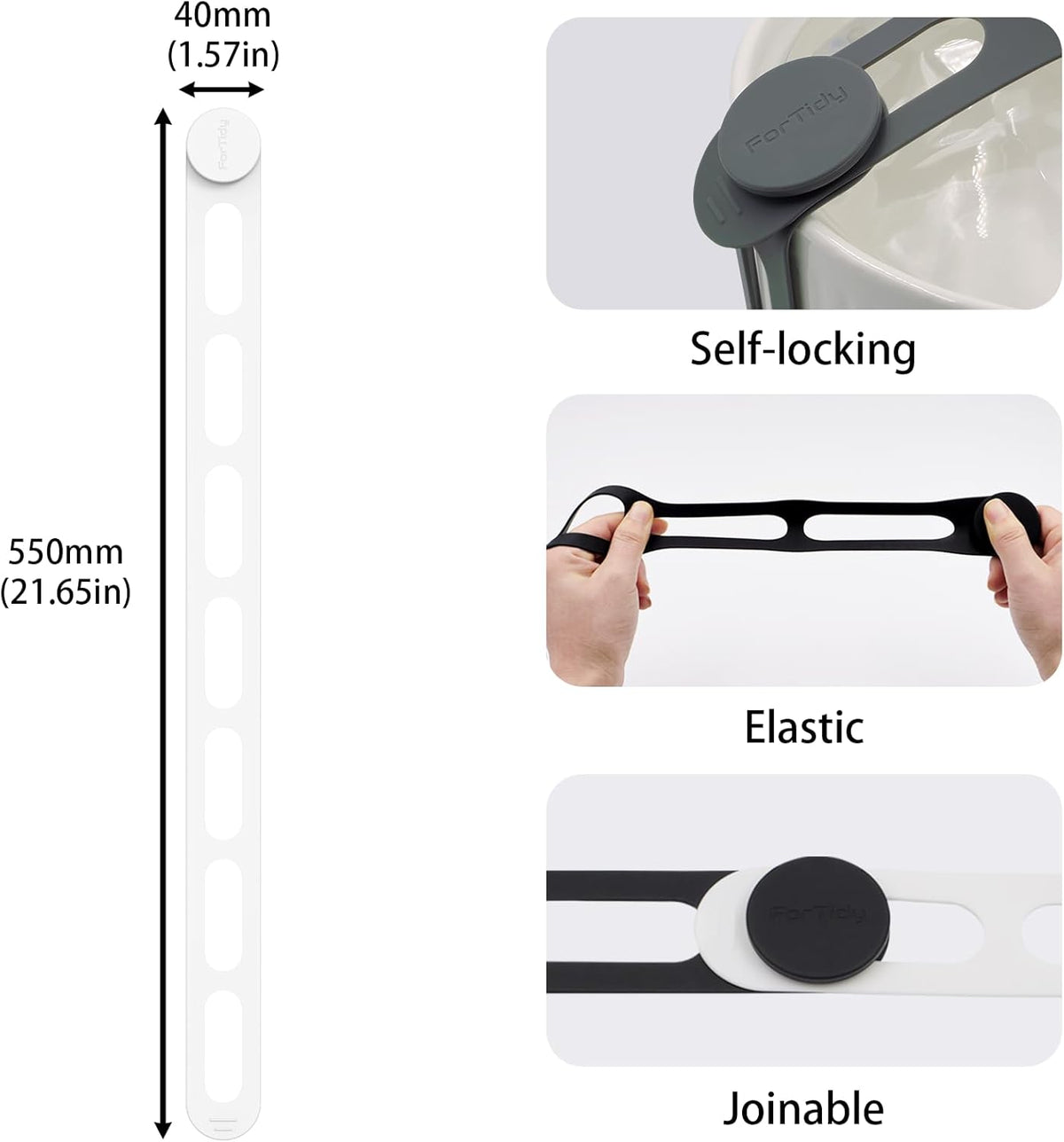 Silicone Utility Strap for Slow Cooker Lid, Pot, Bento Box, 21.65 In Reusable Elastic Self-Lock Silicone Tie for Bundling or Organizing Curtain, Cords, Yoga Mat, Camping Mat, 4pcs (White)