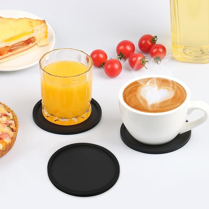 2 Pack Silicone Coasters for Drinks, Round Black Coaster with Deep Tray Grooved Design Cup Mat, Washable Heat Resistant Durable Non-Slip Coasters for Coffee Table Wooden Desk Kitchen Bar