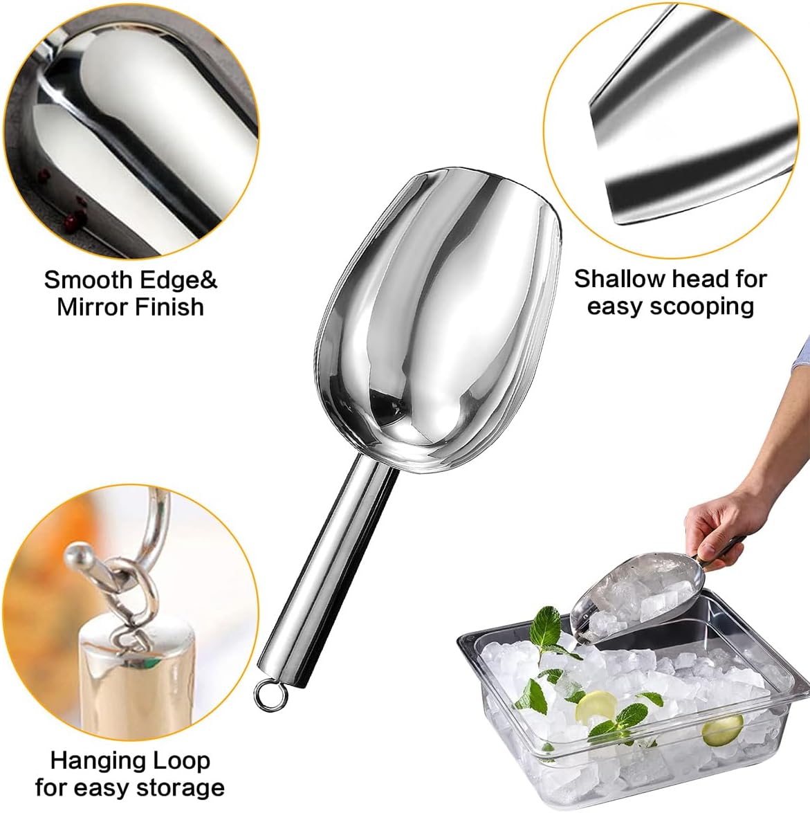 Metal Ice Scoop，Kitchen Ice Scooper for Ice Maker,Stainless Steel Small Ice Scooper for Freezer，Kitchen Gadgets Cookie Flour Pet Dog Food Scoop (silver, 8oz)