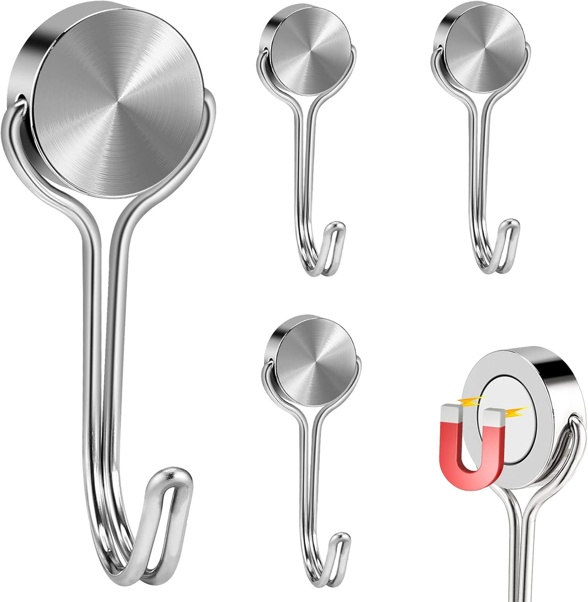 Magnetic Hooks, Heavy Duty 304 Stainless Steel Magnet Hooks for Cruise Refrigerator Grill,Strong Magnet with Hooks for Home Kitchen, Garage Toolbox,4pack （Silver,1.1in-1 22Lbs）