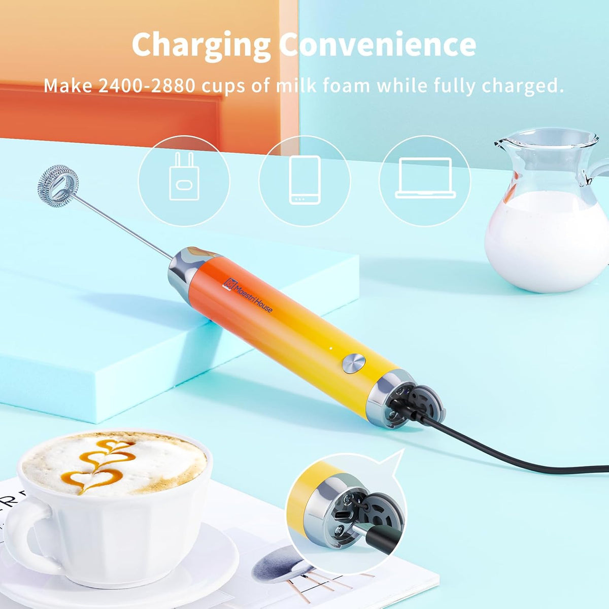 Maestri House Rechargeable Milk Frother with Stand, LunaFro Handheld Electric Foam Maker Waterproof Detachable Stainless Steel Whisk Drink Mixer Foamer for Lattes, Cappuccino