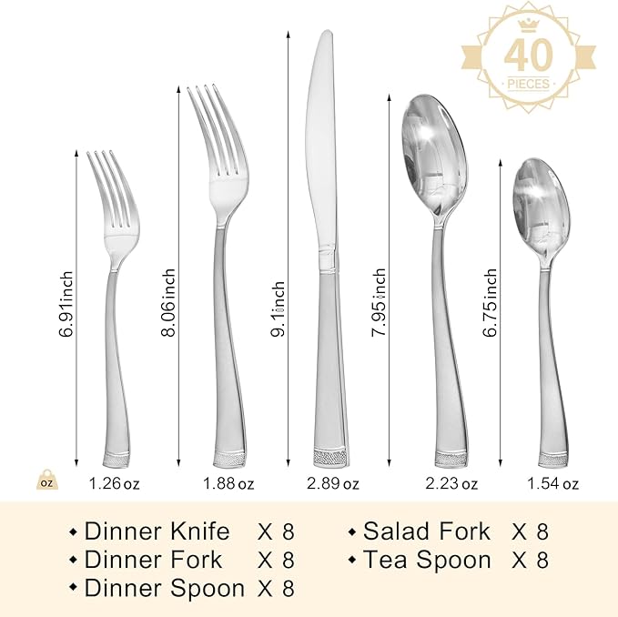 HIKAA 40PCS Matte Handle Silverware Set for 8, Stainless Steel Flatware Set, Modern Design Cutlery Set for Home/Hotel/Wedding, Dishwasher Safe