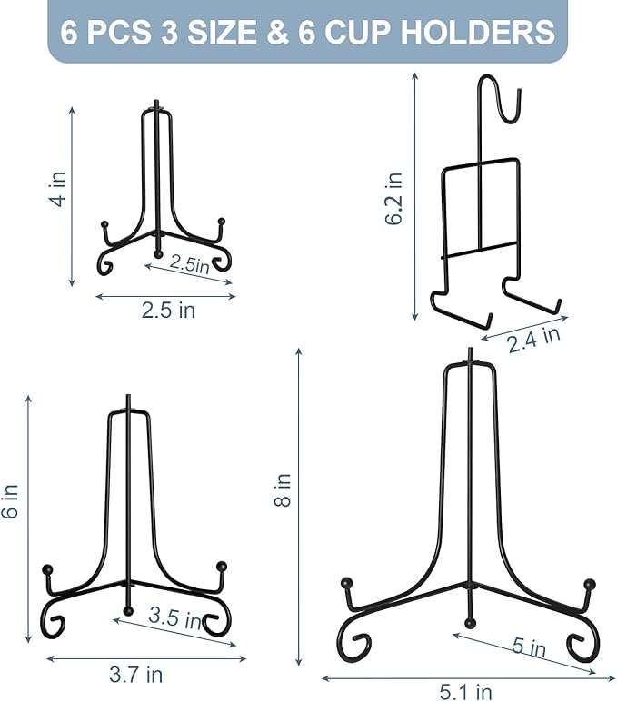 6 Pcs 3 Size Black Plate Stands for Display, 4 6 8 Inch Holder & Cup and Saucer Display Stand for Picture Frames, Book, Card, Mug Organizer, Bowl, Decorative Plates, Tablet, Art