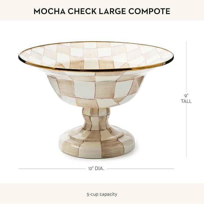 MACKENZIE-CHILDS Enamel Compote, Cute Enamel Pedestal Serving Dish or Decorative Bowl, Large, Brown-and-White Mocha Check