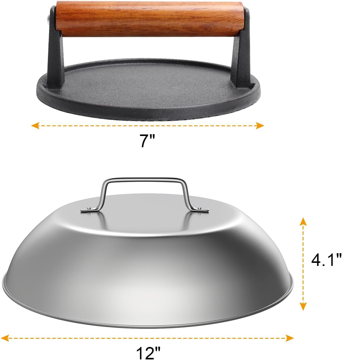 SafBbcue Round Cast Iron Smash Burger Grill Weight Press Tool & Griddle Steamer Melting Dome 12" Round Stainless Steel Basting Cover for Blackstone Griddle, Griddle Food Cover Dome for Flat Top Grills