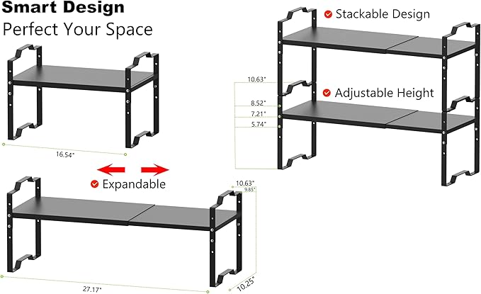 Expandable Shelf for Cabinet Organizer Adjustable Stackable Spice Rack at Kitchen and Bathroom More, Counter Countertop Cupboard Organization Pantry Storage(LARGE/1PACK/BLACK)