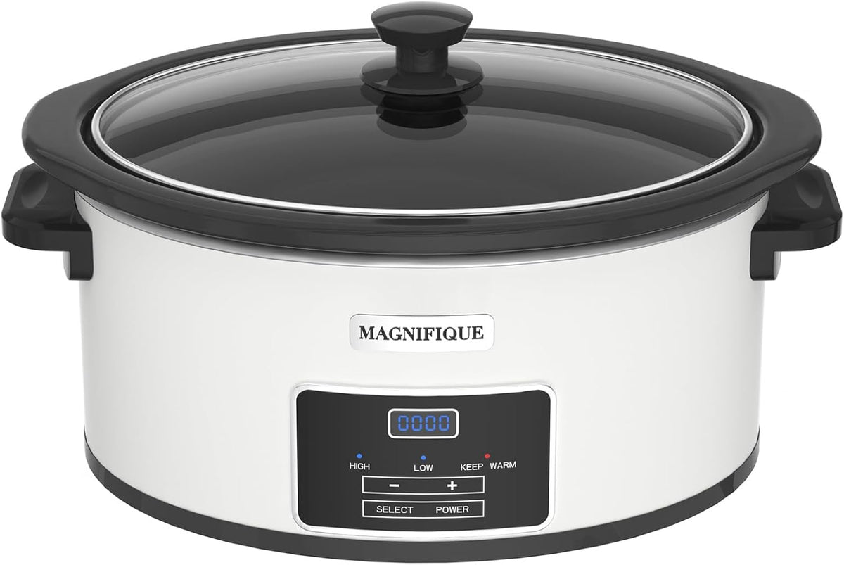 7-Quart Programmable Slow Cooker with Timer Keep Warm - Small Kitchen Appliance for Family Dinners - Serves 6+ People - Heat Settings: Keep Warm(White, Black Liner)