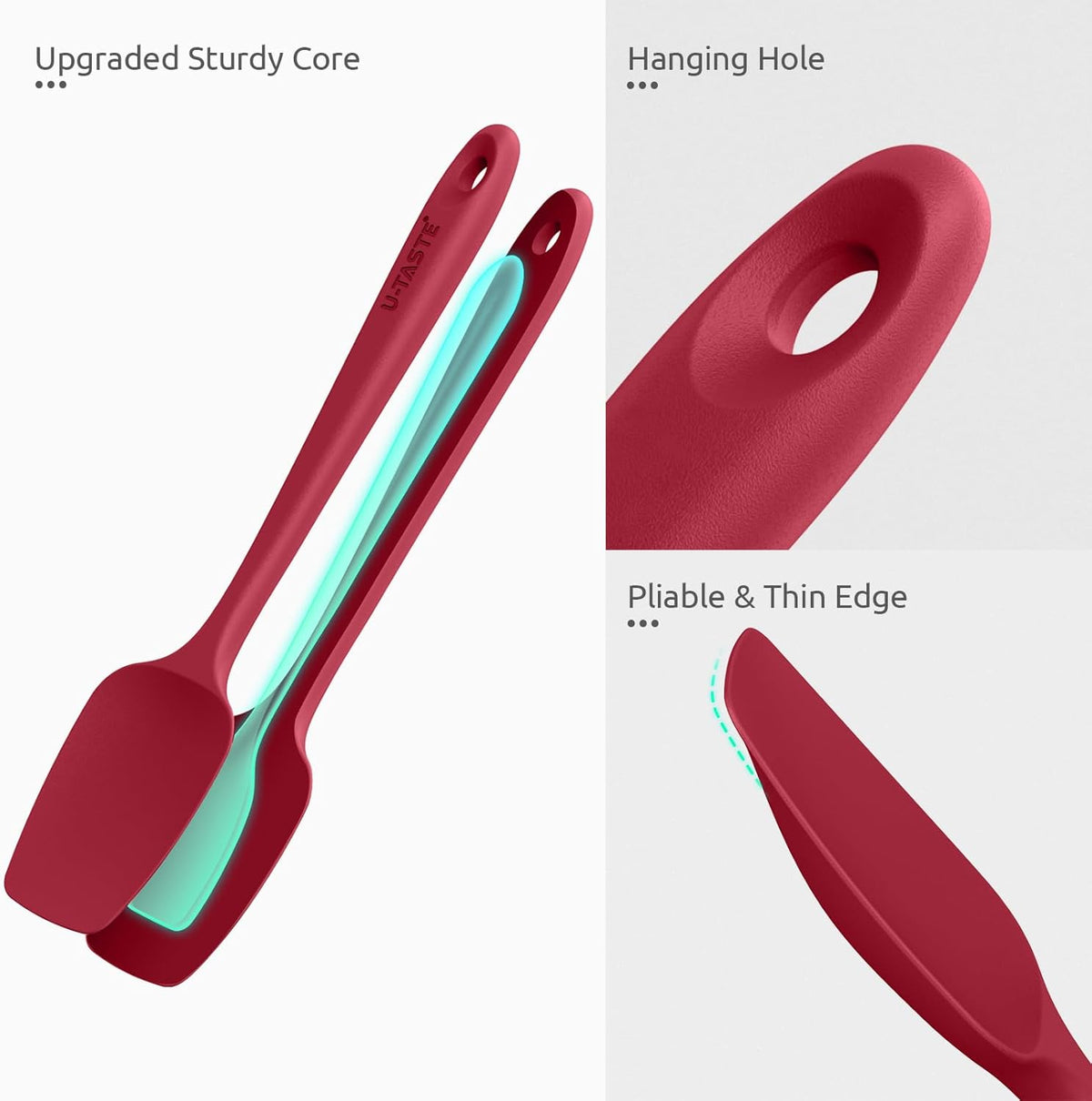 U-Taste Silicone Spoon Spatula Set: 480ºF Heat Resistant Food Grade Flexible Rubber Spoonula, Nonstick Cooking Mixing Scooping Kitchen Baking Scraper Utensils Set of 3 for Pan, Pot, Bowl (Red)