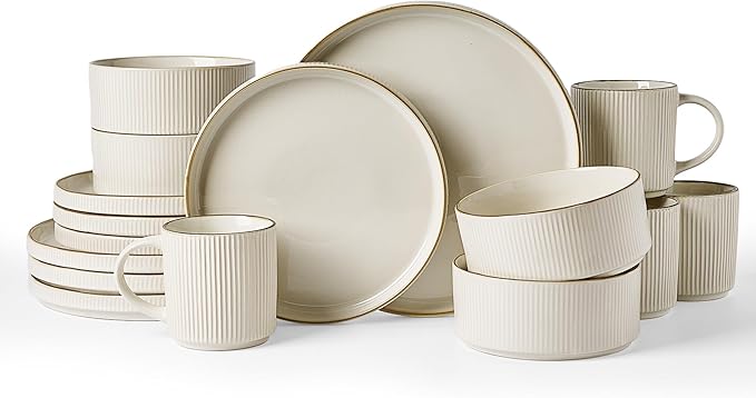 Famiware Star Dinnerware Set with Mugs, Service for 4 (16pcs), Ribbed Stoneware Plates and Bowls Dishes Sets with Trim - Chip & Scratch Resistant, Microwave & Dishwasher Safe, White