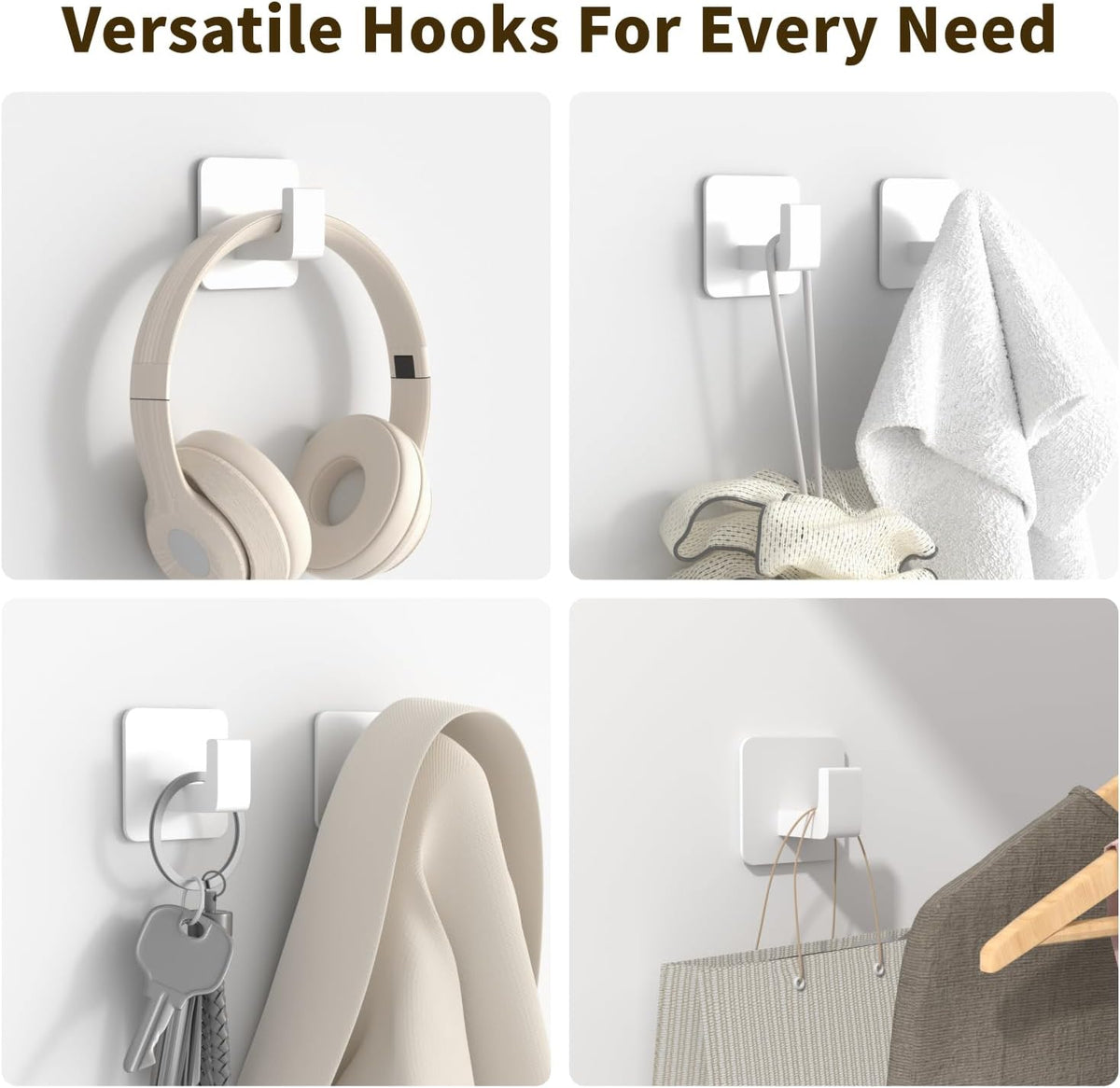 Square Self Adhesive Towel Hooks - 4 Pack Matte White Metal Hooks, Right-Angle Design for Towels, Robes & Hats, Organize Bathroom, Kitchen, Entryway, Doors, Cabinets on Smooth Surfaces
