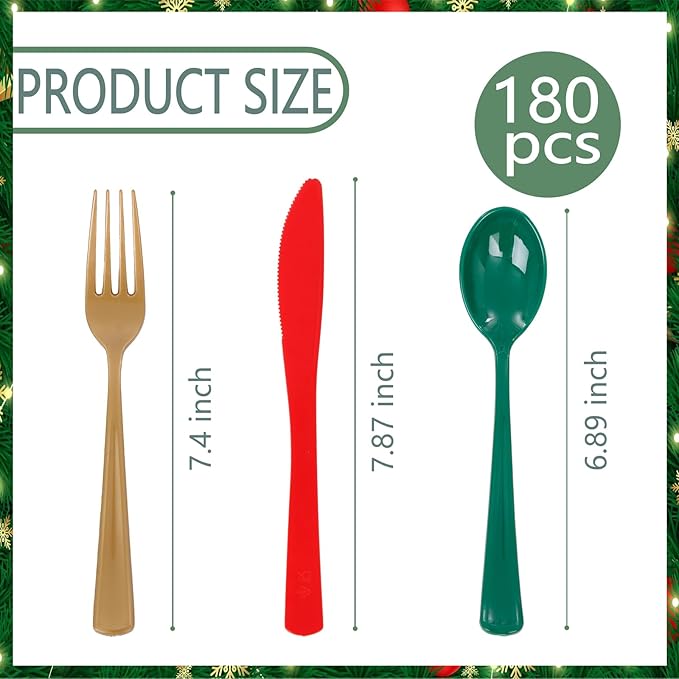 WDF 180 Pieces Plastic Christmas Silverware - Disposable Cutlery Set Incluede 60 Gold Forks, 60 Red Knives and 60 Green Spoons - Heavy Duty Plastic Flatware - Disposable Utensils for Christmas