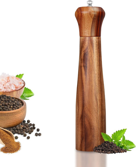 1 Pack - 10 Inch tall Acacia Wood Pepper Grinder or Salt Mill Elegant Pepper Mill Wooden with a Adjustable Ceramic Rotor and Easily Refillable - Wood Salt Grinder for Your Kitchen